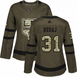 Womens Adidas Los Angeles Kings 31 Peter Budaj Authentic Green Salute to Service NHL Jersey 