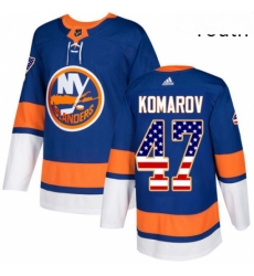 Youth Adidas New York Islanders 47 Leo Komarov Authentic Royal Blue USA Flag Fashion NHL Jersey 