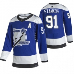 Men Tampa Bay Lightning 91 Steve Stamkos Blue Adidas 2020 21 Reverse Retro Alternate NHL Jersey