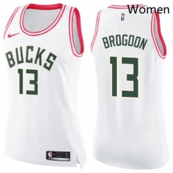 Womens Nike Milwaukee Bucks 13 Malcolm Brogdon Swingman WhitePink Fashion NBA Jersey 