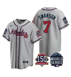 Men Atlanta Braves 7 Dansby Swanson 2021 Gray World Series With 150th Anniversary Patch Cool Base Stitched Jersey