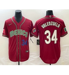 Men's Mexico Baseball #34 Fernando Valenzuela Number 2023 Red Blue World Baseball Classic Stitched Jersey