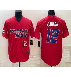 Men's Puerto Rico Baseball #12 Francisco Lindor Number 2023 Red World Baseball Classic Stitched Jersey