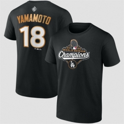 Men Los Angeles Dodgers 18 Yoshinobu Yamamoto Black 2025 World Series Champions Name  26 Number T Shirt
