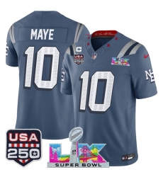 Men New England Patriots 10 Drake Maye Storm Blue 2025 F U S E 1 Star C Patch And Super Bowl LX Patch USA 250 Patch Rivalries Vapor Limited Football Stitc Men New England Patriots 10 Drake Maye Storm Blue 2025 F U S E 1 Star C Patch And Super Bowl LX Patch USA 250 Patch Rivalries Vapor Limited Football Stitc