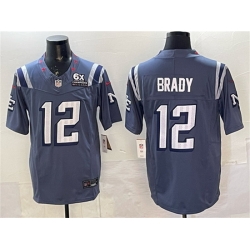 Men New England Patriots 12 Tom Brady Storm Blue 2025 F U S E  With 6x Super Bowl Champions Patch  Rivalries Vapor Limited Stitched Football Jersey