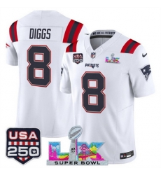 Men New England Patriots 8 Stefon Diggs White 2025 F U S E  Super Bowl LX Patch And USA 250 27 Patch Vapor Limited Football Stitched Jersey
