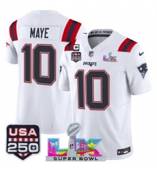 Youth New England Patriots 10 Drake Maye White 2025 F U S E 1 Star C Patch And Super Bowl LX Patch USA 250 Patch Vapor Limited Stitched Football Jersey Youth New England Patriots 10 Drake Maye White 2025 F U S E 1 Star C Patch And Super Bowl LX Patch USA 250 Patch Vapor Limited Stitched Football Jersey