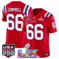 Youth New England Patriots 66 Will Campbell Red 2025 F U S E  Super Bowl LX Patch And USA 250 27 Patch Vapor Limited Stitched Football Jersey