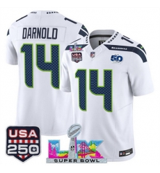 Men Seattle Seahawks 14 Sam Darnold White 2025 F U S E Super Bowl LX Patch And 50th Season USA 250 Patch Vapor Limited Football Stitched Jersey Men Seattle Seahawks 14 Sam Darnold White 2025 F U S E Super Bowl LX Patch And 50th Season USA 250 Patch Vapor Limited Football Stitched Jersey
