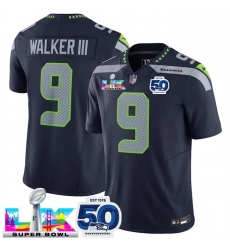 Men Seattle Seahawks 9 Kenneth Walker III Navy 2025 F U S E Super Bowl LX Patch And 50th Season Patch Vapor Limited Stitched Football Jersey Men Seattle Seahawks 9 Kenneth Walker III Navy 2025 F U S E Super Bowl LX Patch And 50th Season Patch Vapor Limited Stitched Football Jersey