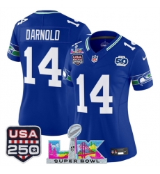 Women Seattle Seahawks 14 Sam Darnold Royal 2025 F U S E Super Bowl LX Patch And 50th Season USA 250 Patch Vapor Throwback Limited Stitched Football Jerse Women Seattle Seahawks 14 Sam Darnold Royal 2025 F U S E Super Bowl LX Patch And 50th Season USA 250 Patch Vapor Throwback Limited Stitched Football Jerse